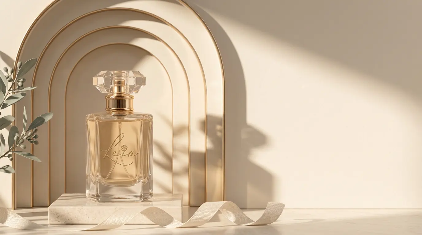 عطر ليـا أمام أقواس عربية بحواف ذهبية