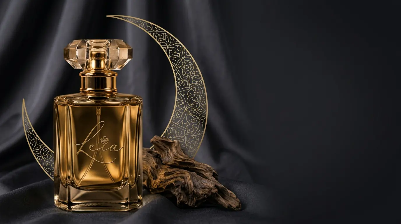 عطر ليـا على حرير داكن مع العود وهلال ذهبي