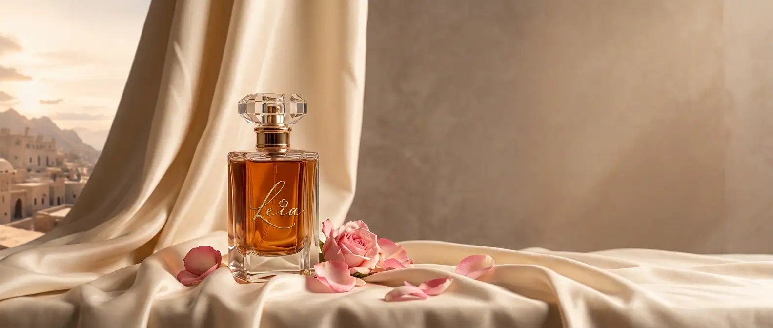 عطر وورد على طيات من الحرير الطبيعي