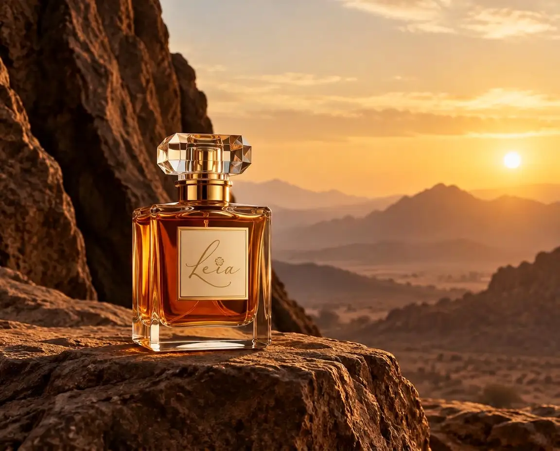 زجاجة عطر ليـا على صخرة في الصحراء عند الغروب